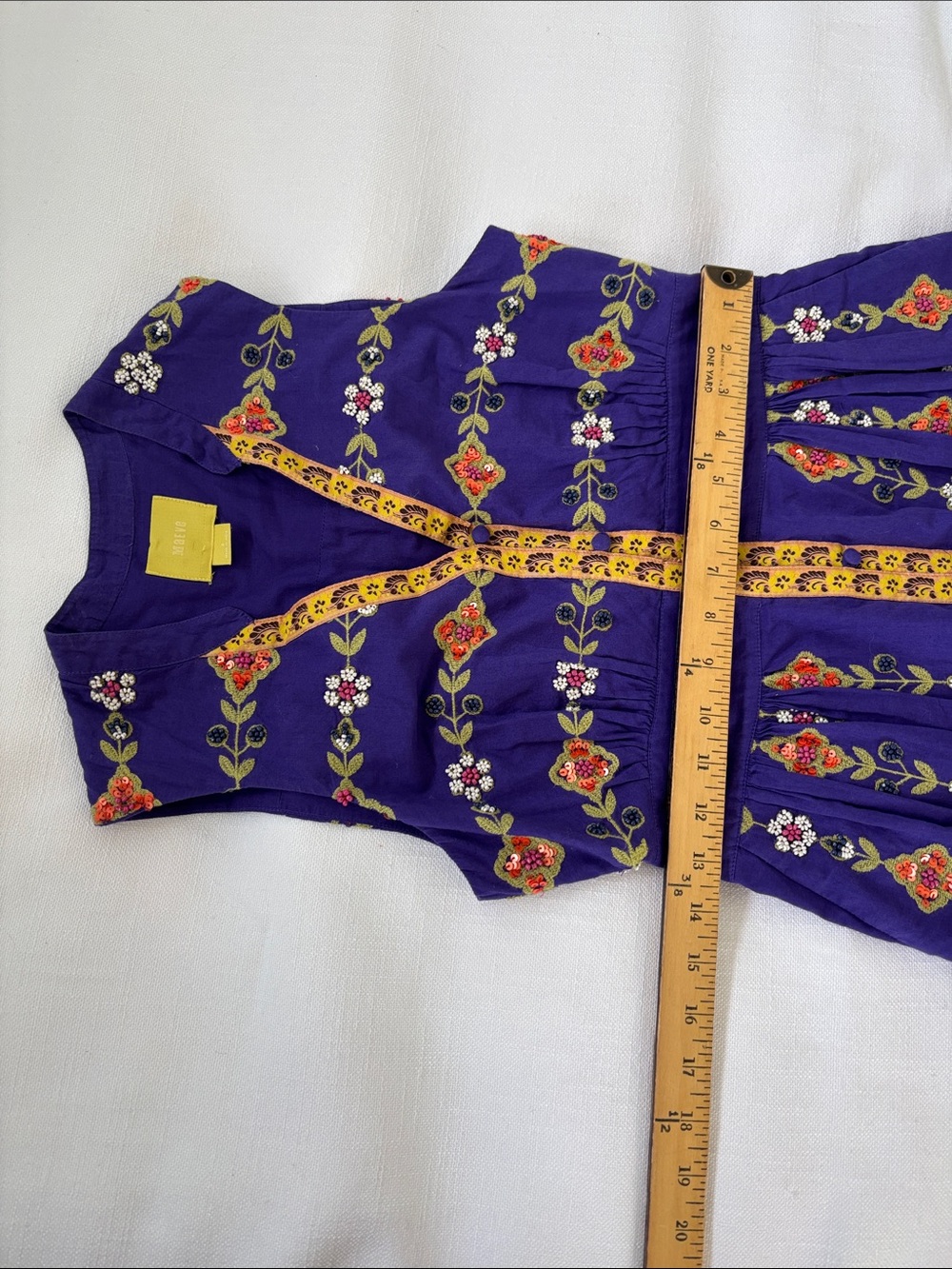 Maeve Violet Embroidered and beaded Sleeveless Dress with Yellow Trim -401sku - Picture 4 of 6